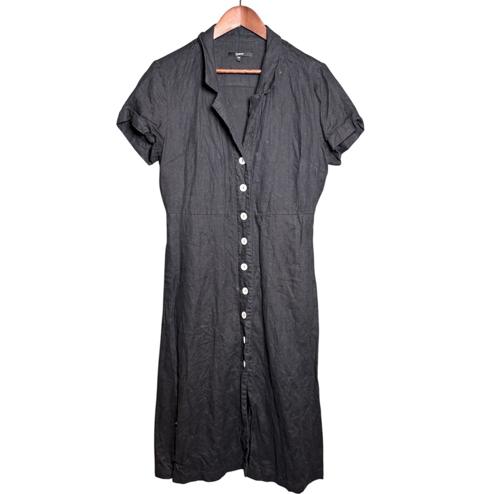 Quince 100% Linen Button Front Midi Shirt Dress Black Short Sleeve Womens Medium
